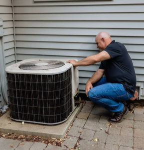 Certified home inspector examining an HVAC unit during a home inspection in Northern California