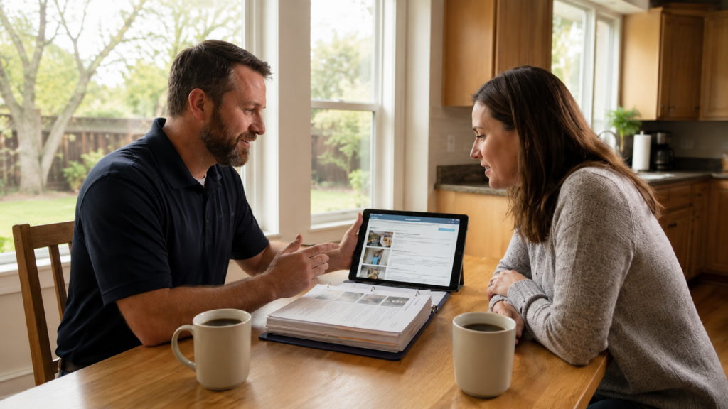 Home inspector reviewing a home inspection report with a homeowner at a kitchen table inside a modern Northern California home.