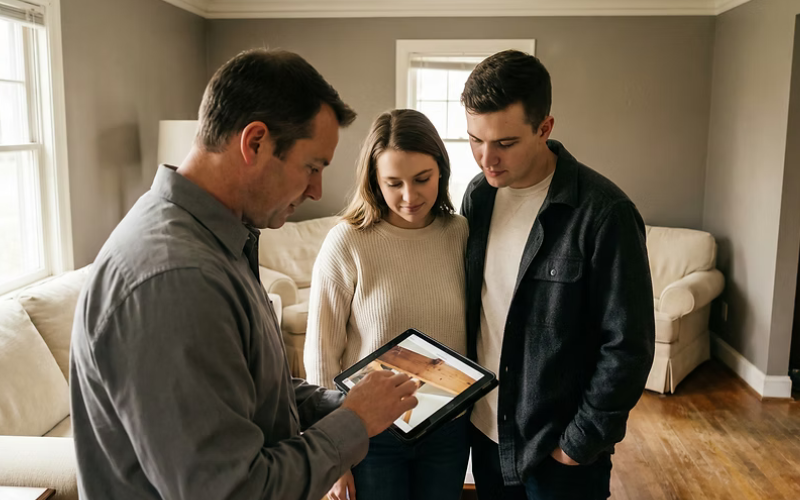 Real estate agent reviewing home inspection report with buyers on a tablet inside a Northern California home