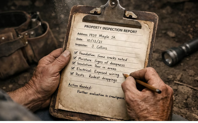 home inspector documenting findings on a property inspection report during a crawlspace inspection in Northern California