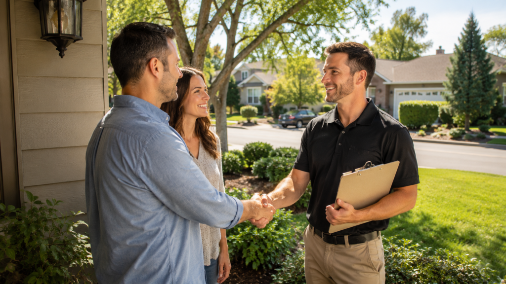 Home inspector greeting homebuyers outside a Northern California home during a professional home inspection in Sacramento, CA.