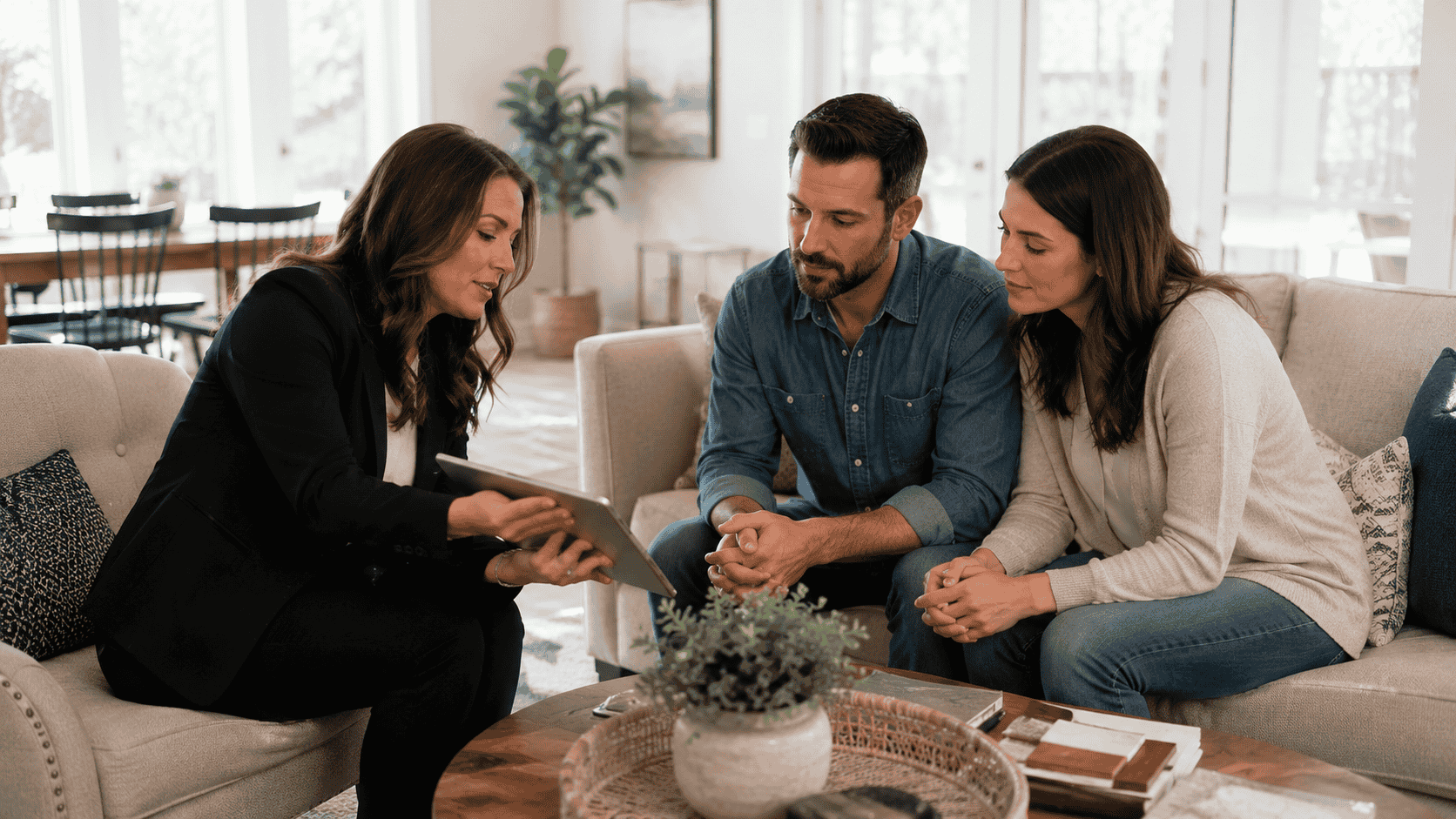 Real estate agent reviewing home buying documents with a couple inside a modern living room in Northern California.