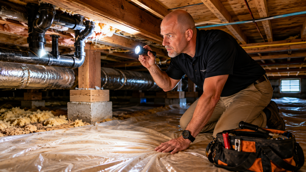 Home inspector examining a crawlspace with a flashlight during a detailed residential home inspection in Northern California.