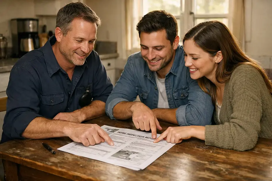 Home inspector reviewing a home inspection report with happy homebuyers during a post-inspection walkthrough in a kitchen.